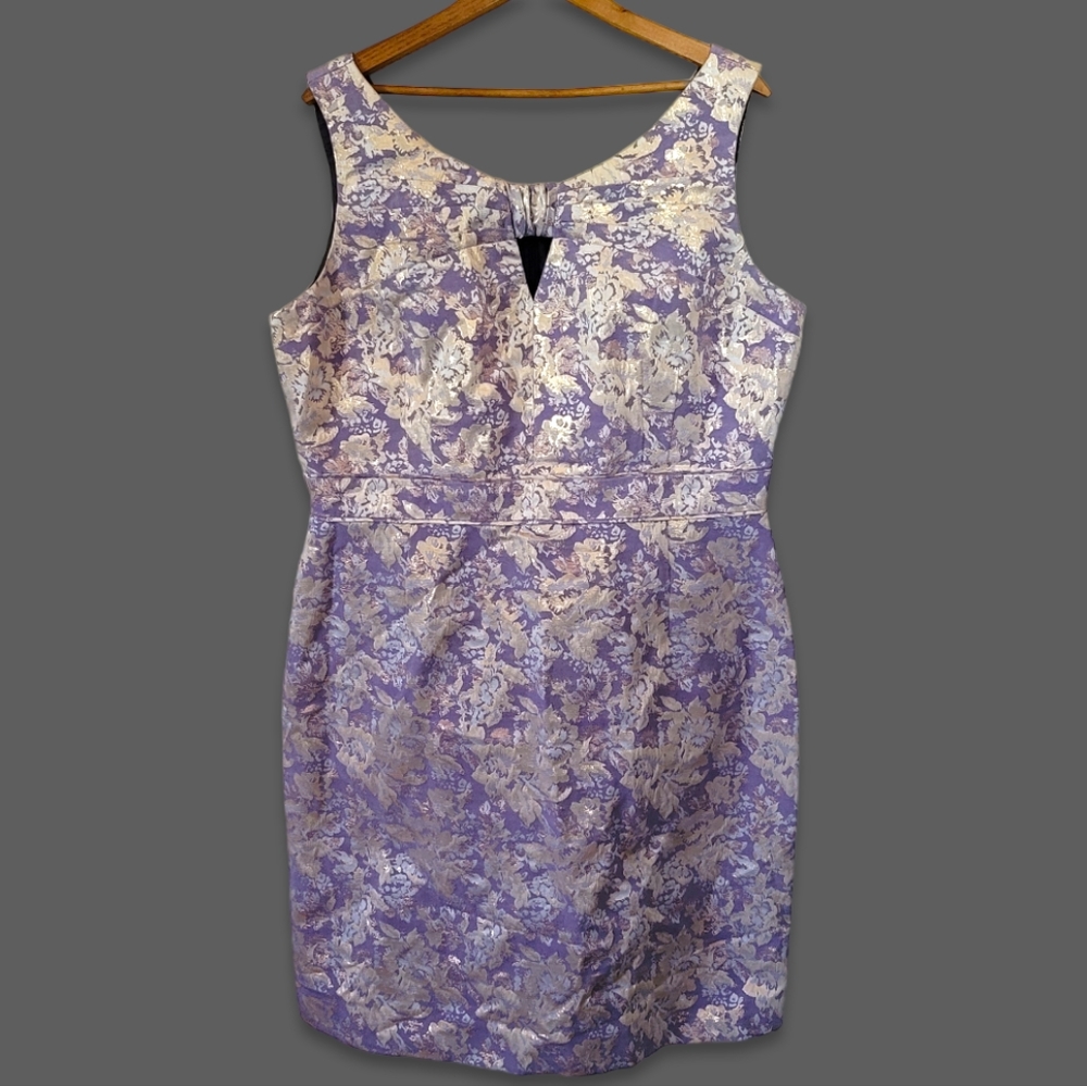 Tahari purple metallic gold floral keyhole neck shift dress size 16